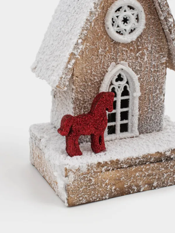 Статуэтка с подсветкой, 14х26 см, дерево, Заснеженный домик с лошадкой, Touch winter, image-1