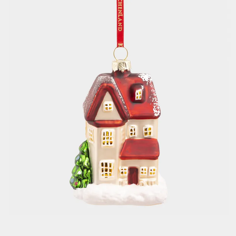 Игрушка елочная, 7x10 см, стекло, с блестками, коричнево-красная, Домик, Figure christmas