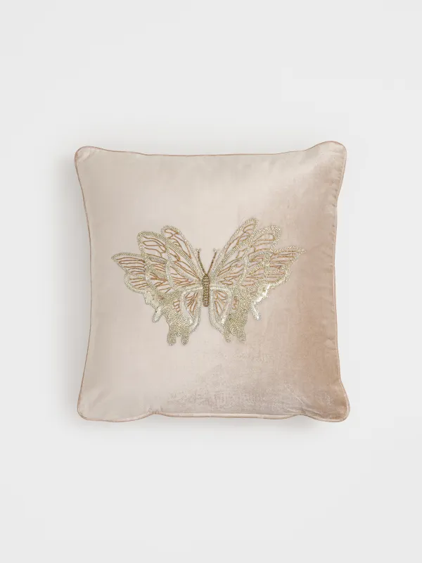 Подушка декоративная, 50х50 см, вельвет/бисер, бежевая, Бабочка, Bugs, image-0