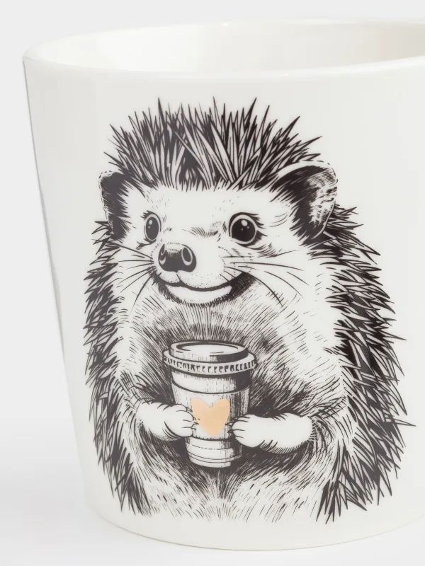 Кружка, 500 мл, фарфор N, бело-золотистая, Еж с кофе, Forest animals, image-1