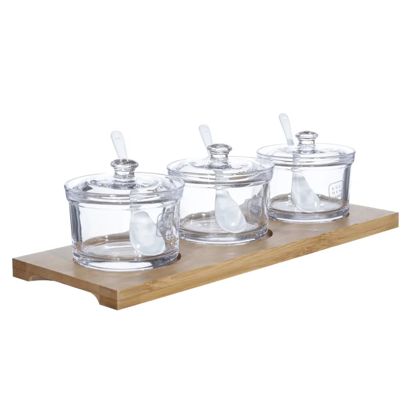 Вазочка для джема, 30х9 см, 3 шт, с ложкой, на подставке, стекло/бамбук/керамика, Bamboo, image-1