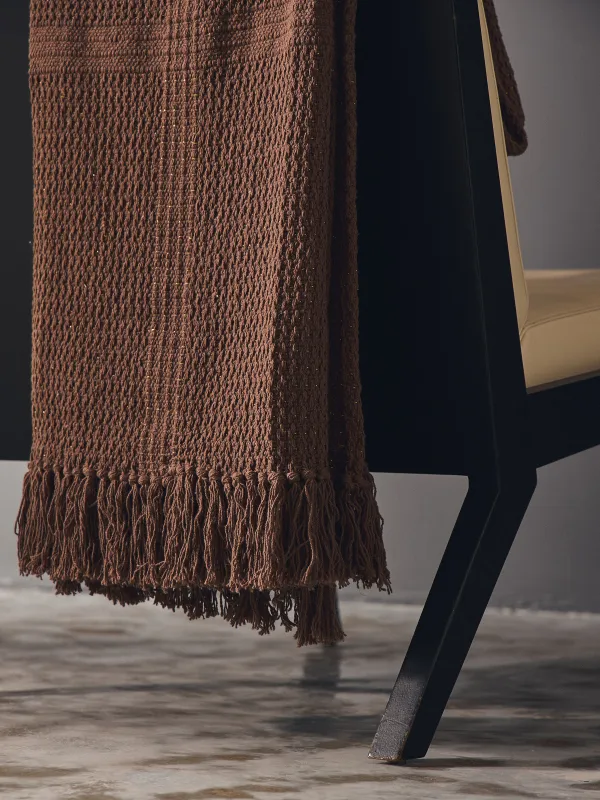 Плед, 130x170 см, с бахромой, хлопок/люрекс, коричневый, Клетка, Strike, image-2