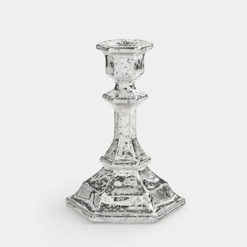 Подсвечник, 14 см, для тонкой свечи, на ножке, стекло, серебристый, Patina