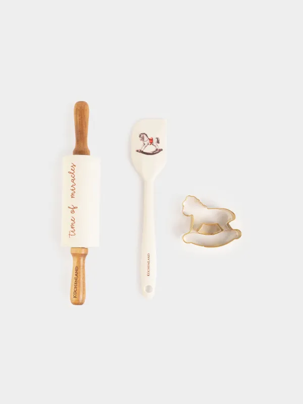 Набор для выпечки, 3 пр, скалка/лопатка/форма, силикон/дерево/сталь, Лошадка, Bakery gold, image-0