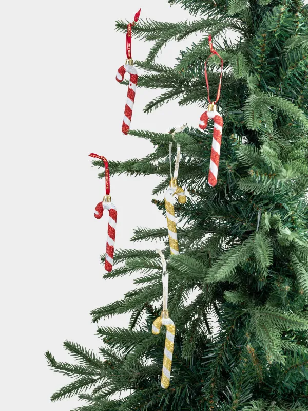 Набор елочных игрушек, 7 см, 10 шт, пластик, с блестками, золотистый, Трость, Figure sparkle, image-4