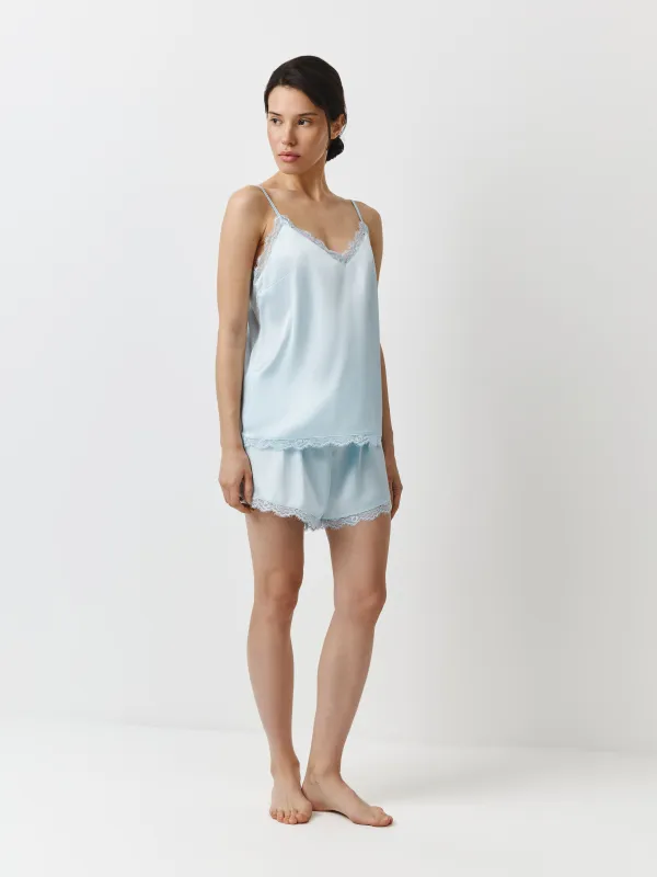Комплект женский, домашний, р. S, топ/шорты, с кружевом, полиэстер/эластан, голубой, Pellageya, image-0