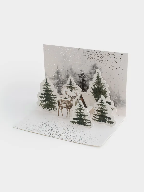Открытка подарочная 3D, 13х18 см, бумага, белая, Олень в лесу, Snowy house, image-4