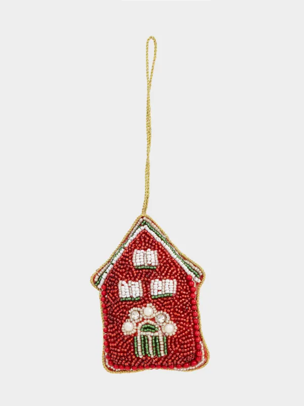 Игрушка елочная, 10 см, бисер/полифилл, красно-зеленая, Дом, Beads figure, image-1