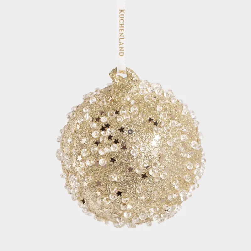 Игрушка елочная, 8 см, стекло, с блестками, шампань, Шар со звездами, Ball sparkle