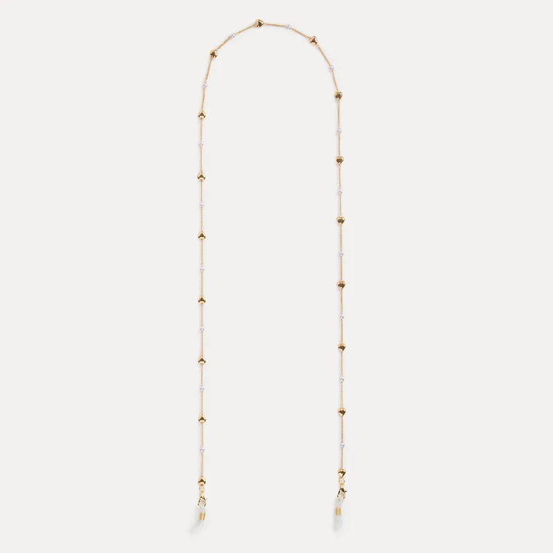 Цепочка для очков, 76 см, металл/пластик, бело-золотистая, Жемчуг и сердечки, Baroque