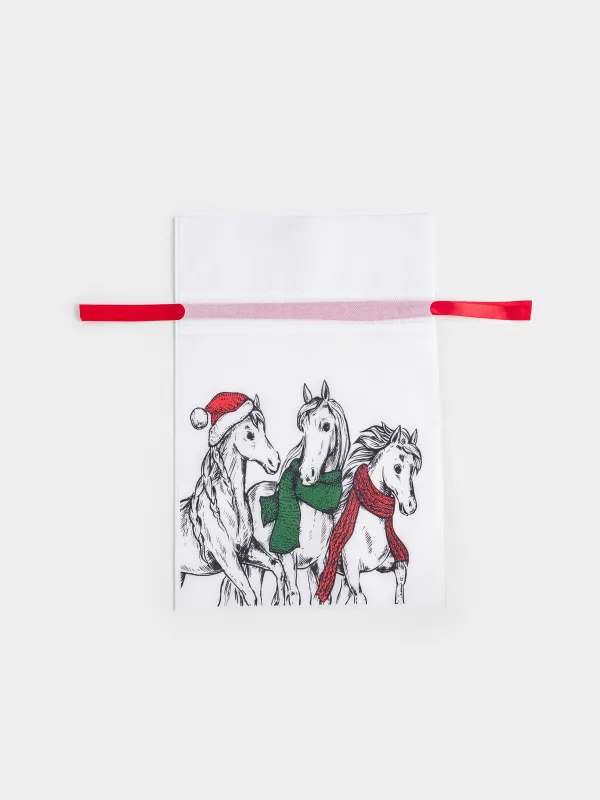 Мешок подарочный, 20х30 см, с завязками, полипропилен, белый, Лошади в шарфах, Horse trio, image-0