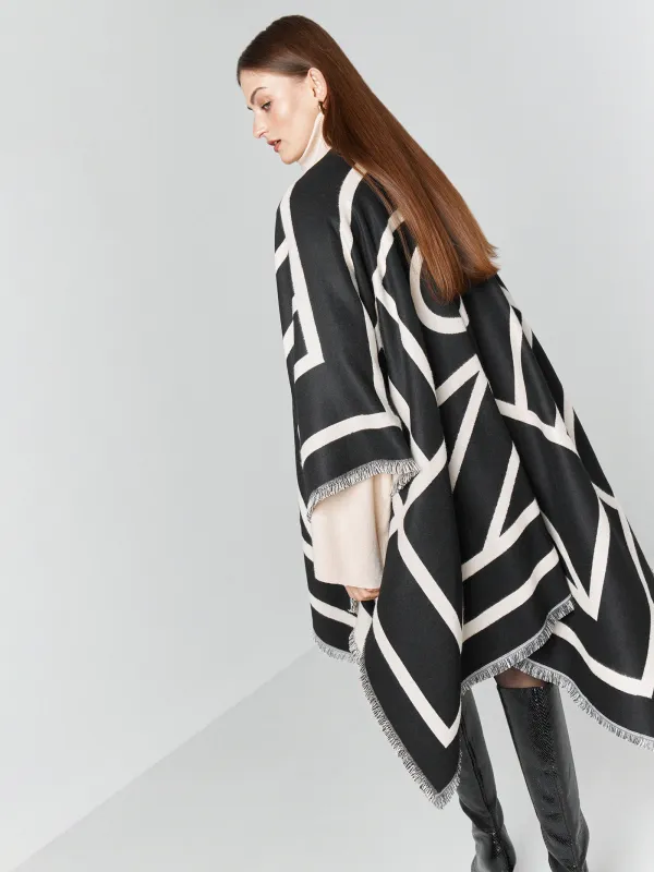 Пончо с бахромой, двустороннее, молочно-черное, Poncho, image-5