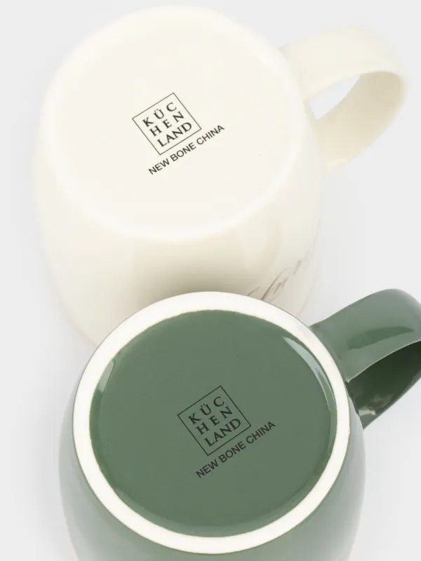 Кружка, 380 мл, 2 шт, с ложками, фарфор N/сталь, молочная/зеленая, Beautiful/Moments, Scroll, image-3