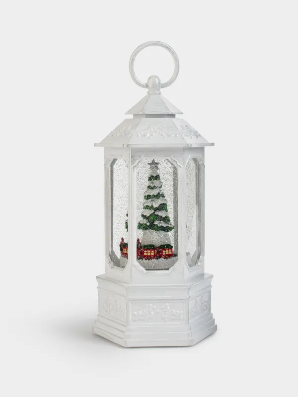 Снежный фонарь, 26 см, с подсветкой, вращающийся, пластик, белый, Поезд и ель, White style, image-0