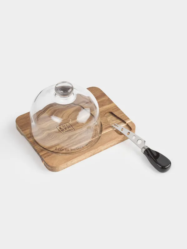 Набор для сыра, 3 пр, доска-блюдо/купол, сталь/дерево/стекло, Noble tree, image-1