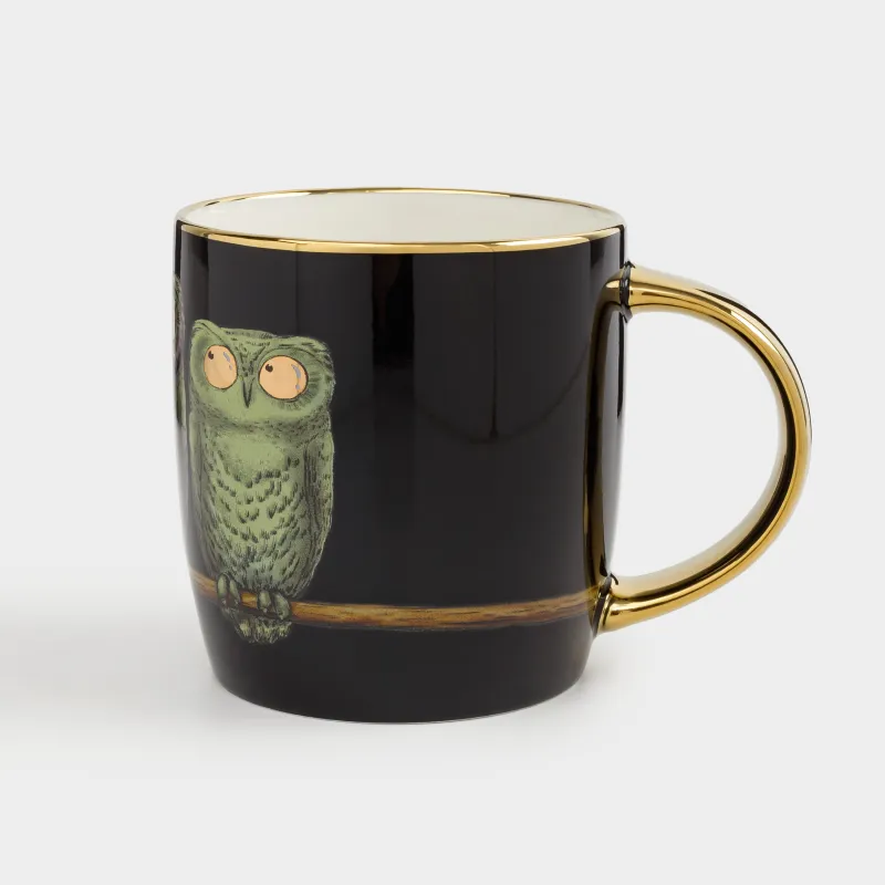 Кружка, 380 мл, фарфор N, черно-золотистая, Совы, Owl, image-0