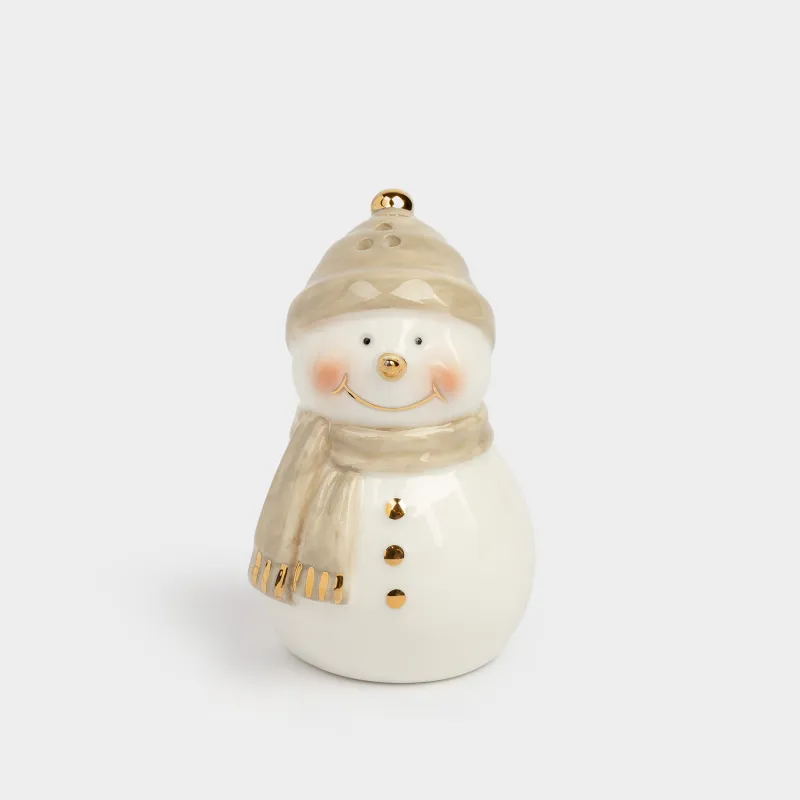 Емкость для соли или перца, 8 см, фарфор P, бело-бежевая, Снеговик в шапке и шарфе, Snowy