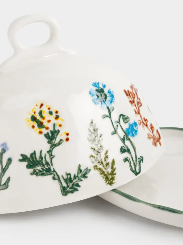 Масленка, 19 см, фарфор N, овальная, молочная, Луговые цветы на кракелюре, Floral meadow, image-1