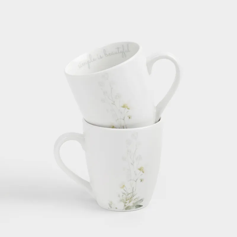 Кружка, 350 мл, 2 шт, фарфор P, белая, Цветы и листья, Rareness flower