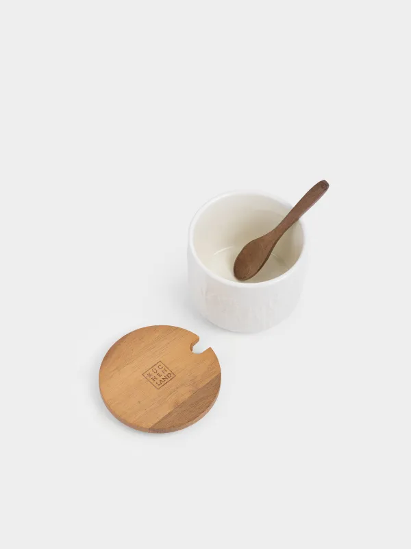 Сахарница, 10 см, 600 мл, с ложкой, керамика/дерево, молочная, Ветви, Forest ode, image-1