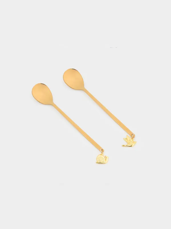 Ложка десертная, 13 см, 2 шт, сталь, золотистая, Птица/Улитка, Tale garden, image-1