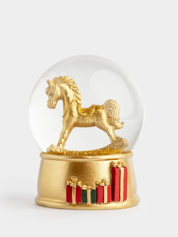 Снежный шар, 10 см, с подсветкой, стекло/полирезин, золотистый, Лошадка-качалка, Golden style, image-0