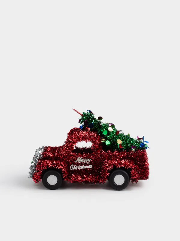 Статуэтка, 27 см, мишура/пластик, красная, Машина с елкой, Tinsel decor, image-0