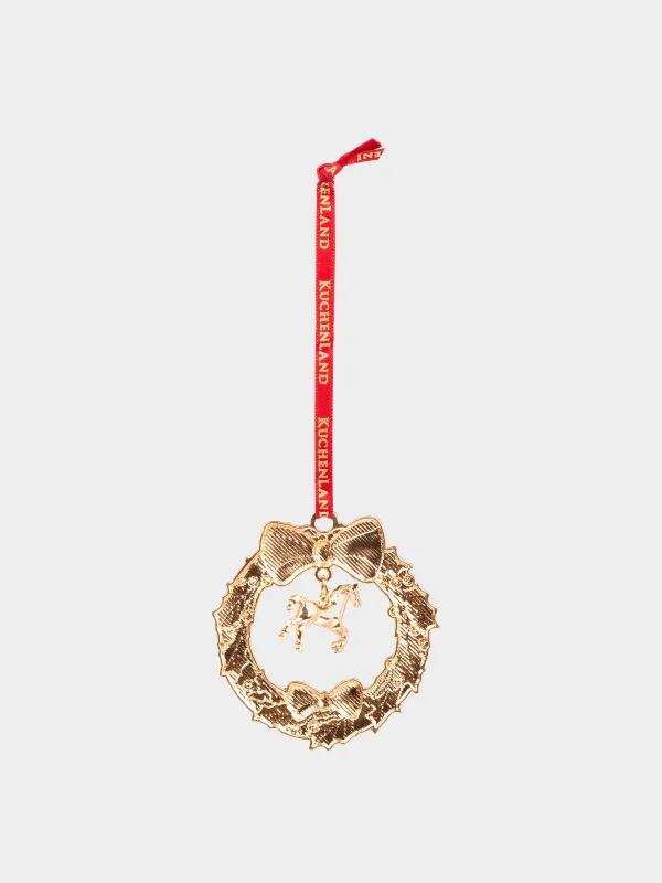 Игрушка елочная, 6 см, металл/стразы, зелено-красная, Венок и конь, Figure christmas, image-2