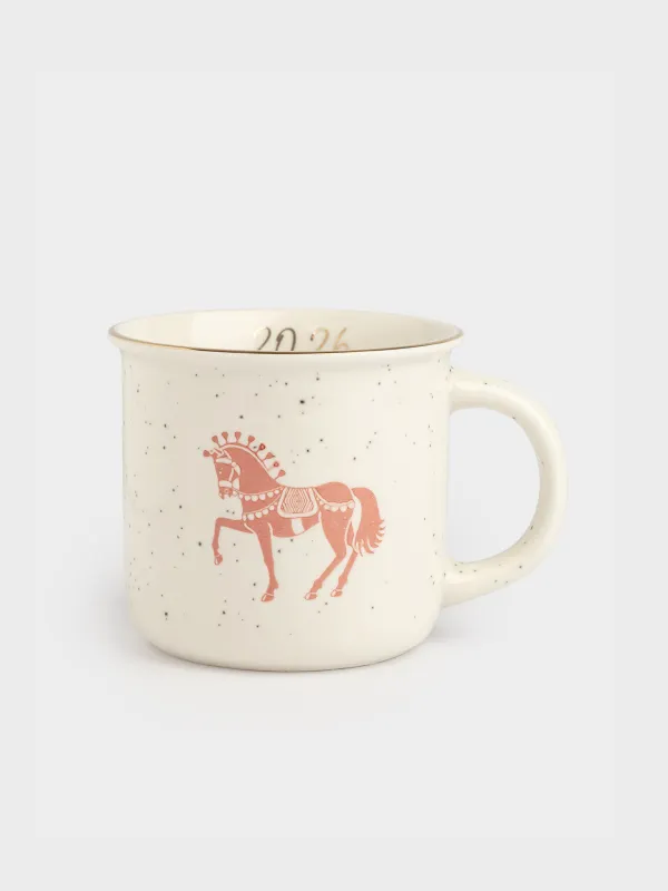 Кружка, 370 мл, фарфор N, молочная, в крапинку, с золотистым кантом, Конь, Horse, image-0