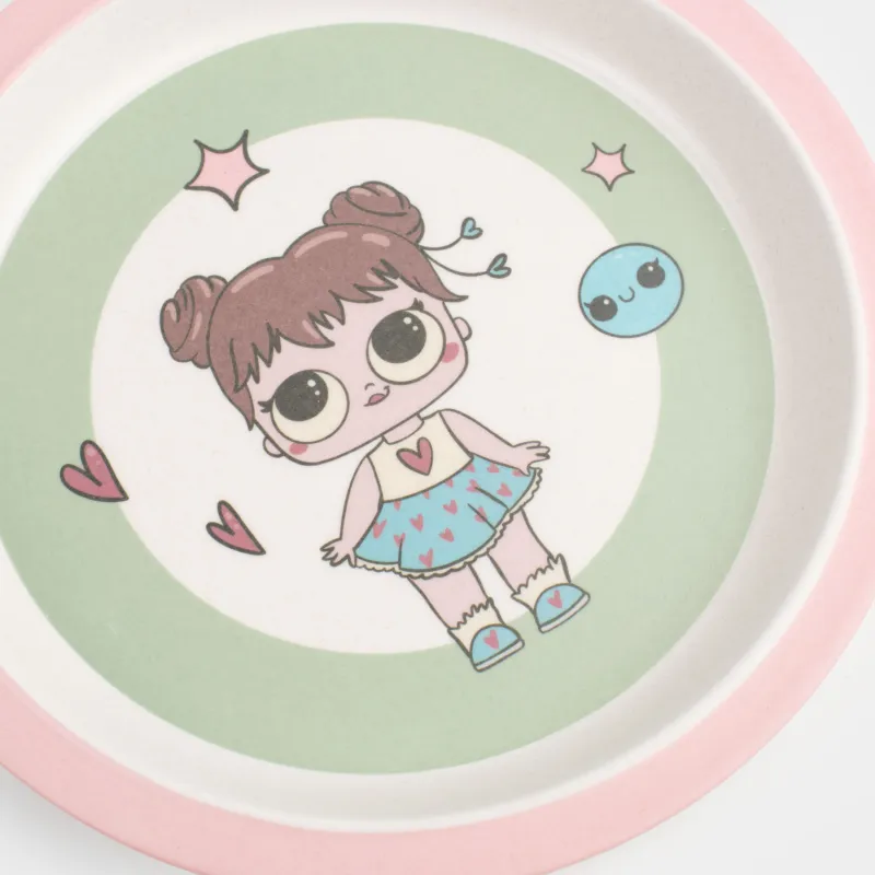 Тарелка закусочная, детская, 21 см, бамбук, розово-зеленая, Девочка в платье, Sweet loli, image-4