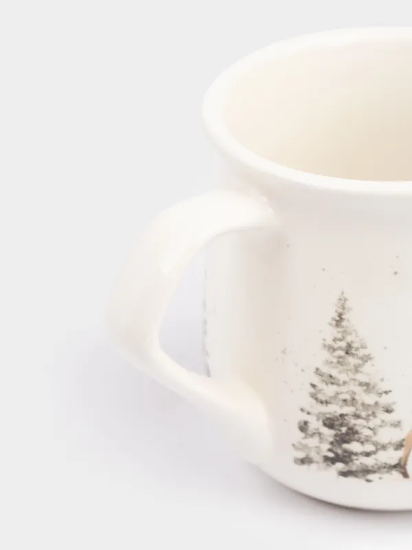 Кружка, 400 мл, керамика, белая, Олень в снежном лесу, Woodland story, image-1