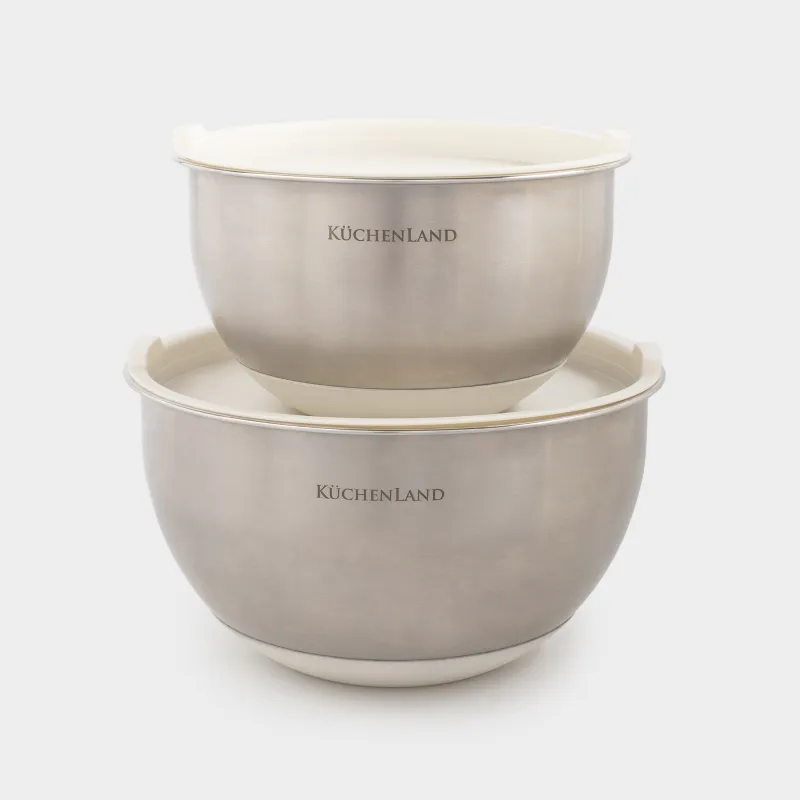 Миска, 1,25/2,5 л, 2 шт, с крышкой, антискользящее дно, сталь/пластик, бежевая, Terra