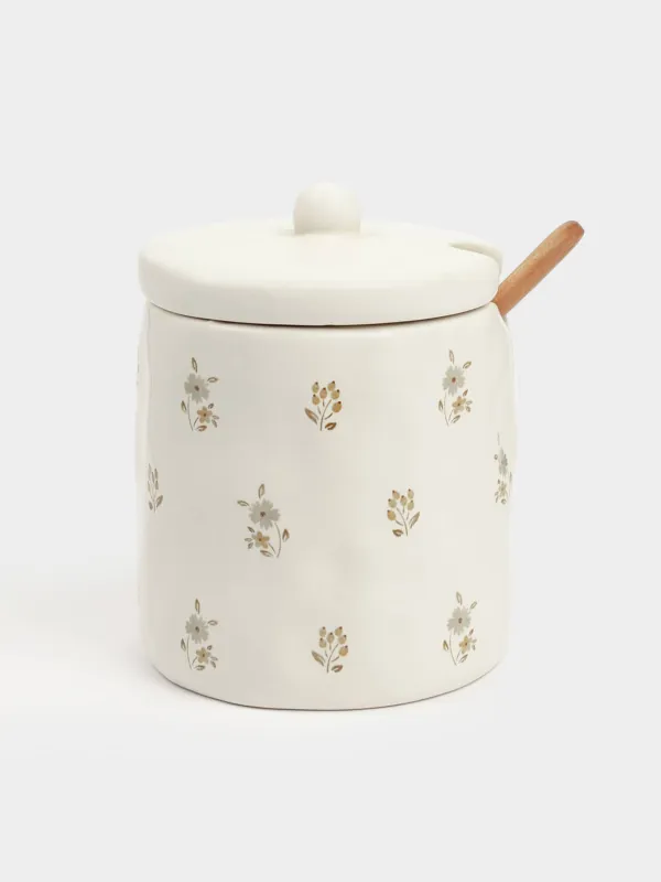 Сахарница, 12 см, 370 мл, с ложкой, керамика/дерево, молочная, Винтажные цветы, La flore, image-0