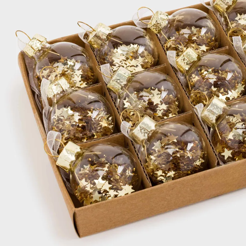 Набор елочных игрушек, 4 см, 12 шт, стекло, золотистый, Шар со звездами, Ball filler, image-4