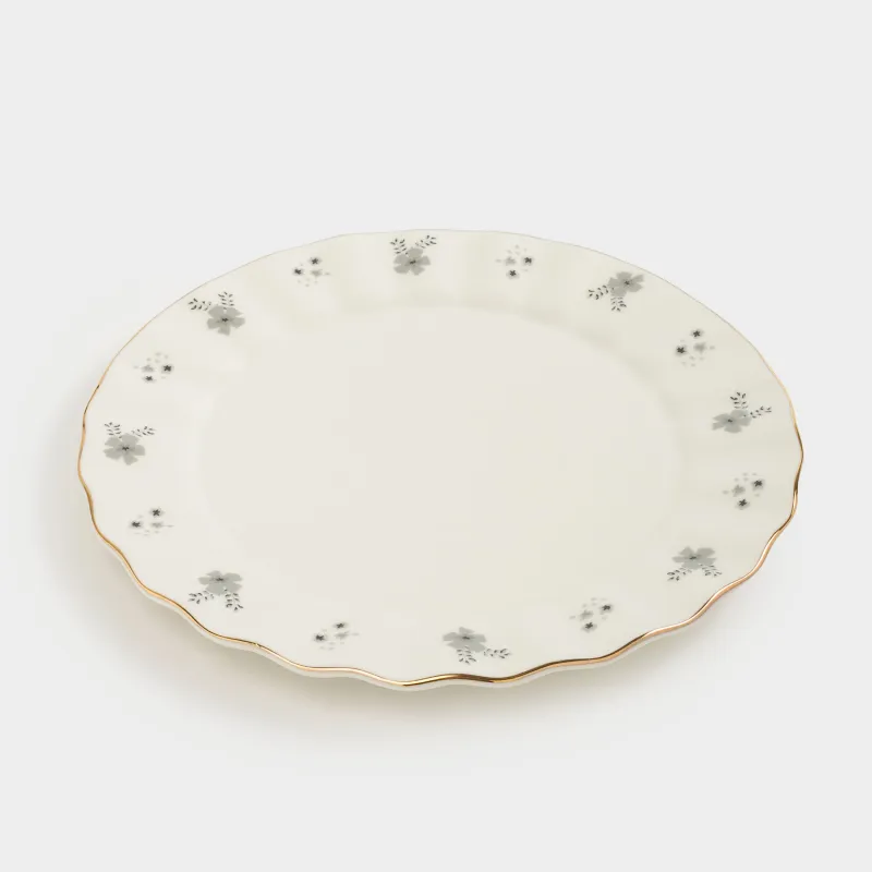Тарелка десертная, 20 см, фарфор P, молочная, с золотистым кантом, Серые цветы, Florals, image-2