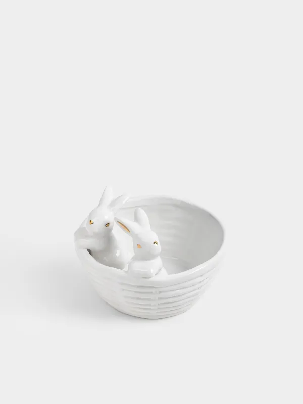 Конфетница, 14х12 см, 410 мл, керамика D, молочно-золотистая, Кролики в корзине, Rabbit gold, image-1