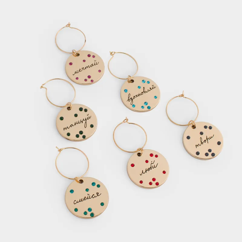 Подвеска для бокала, 6 шт, металл/стразы, золотистая, Пожелания на медальоне, Т Fantastic gold, image-1