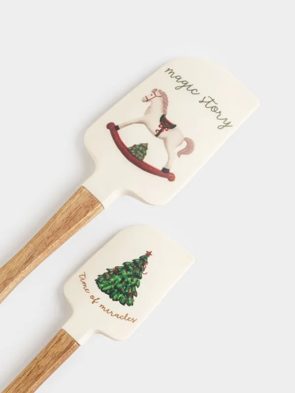 Лопатка-шпатель, 2 шт, силикон/дерево, молочная, Лошадка и елка, Сhristmas green, image-3