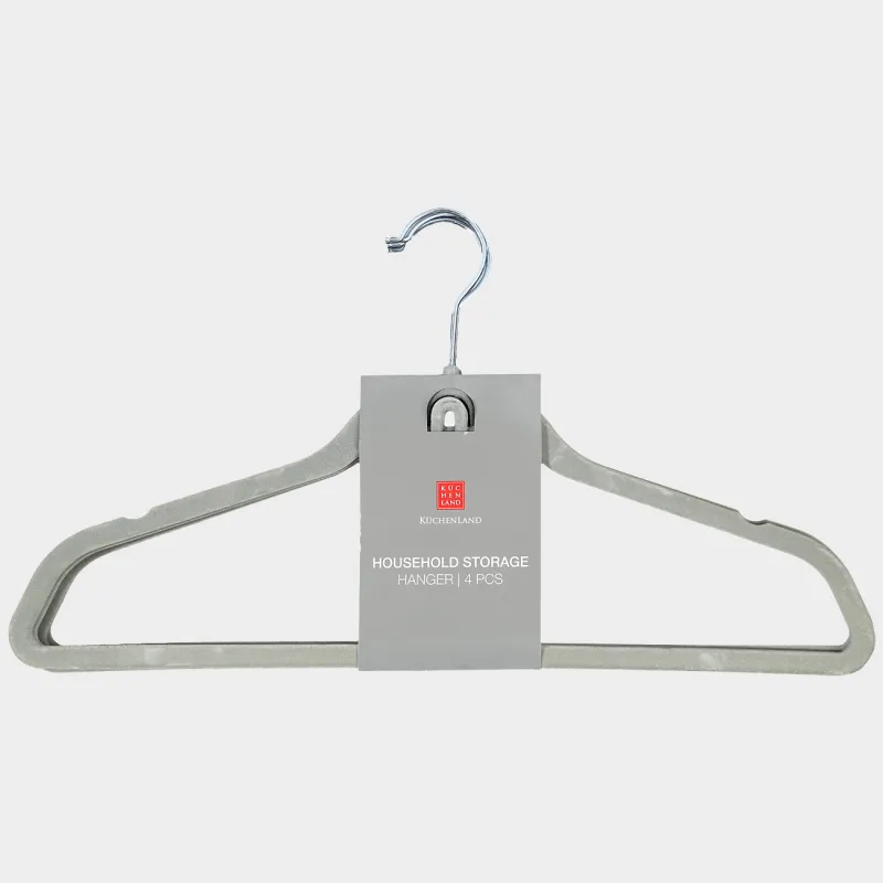 Вешалка-плечики, 44 см, 4 шт, с петлей для вторых плечиков, флок, серая, Household, image-2