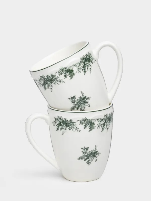 Кружка, 380 мл, 2 шт, фарфор N, бело-зеленая, Зимний букет, Winter lace, image-0
