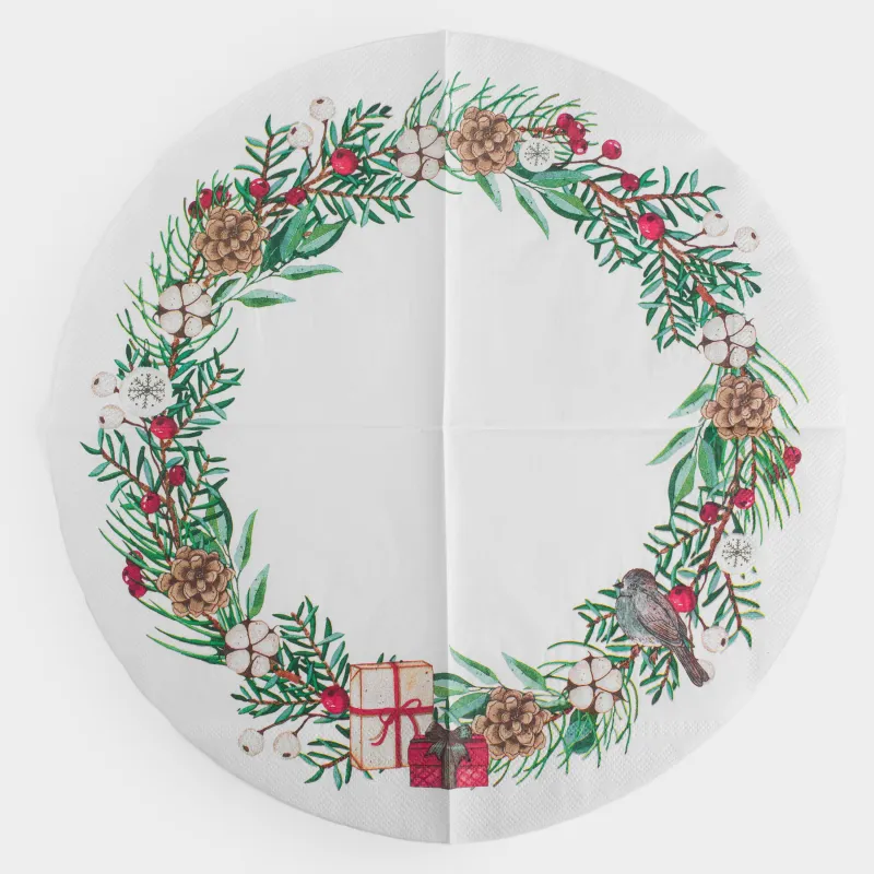 Салфетки бумажные, 33х33 см, 20 шт, круглые, белые, Шишки и ягоды на ветке, Christmas green, image-3