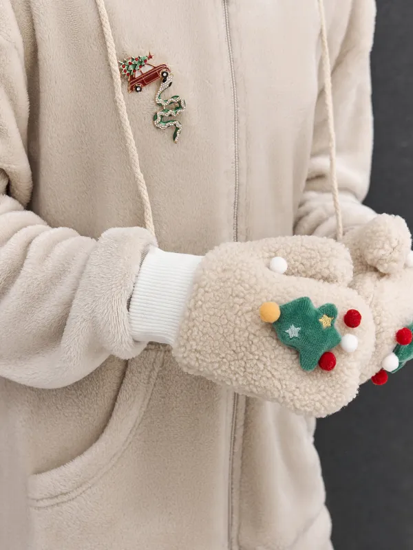 Варежки детские, единый размер, шерпа, бежевые, Елочки, Plush, image-5