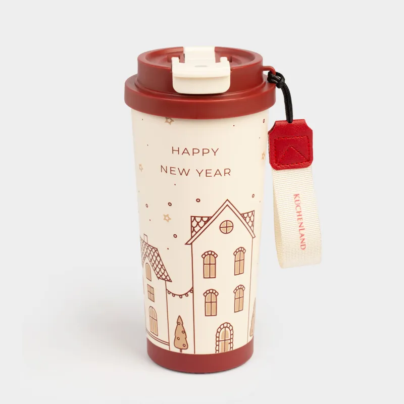 Термокружка, 500 мл, клапан/трубочка, с ремешком, сталь/пластик, бежево-красная, Ballad