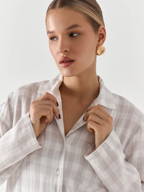 Рубашка женская, с длинным рукавом, хлопок, серая, Клетка, Javi, image-3