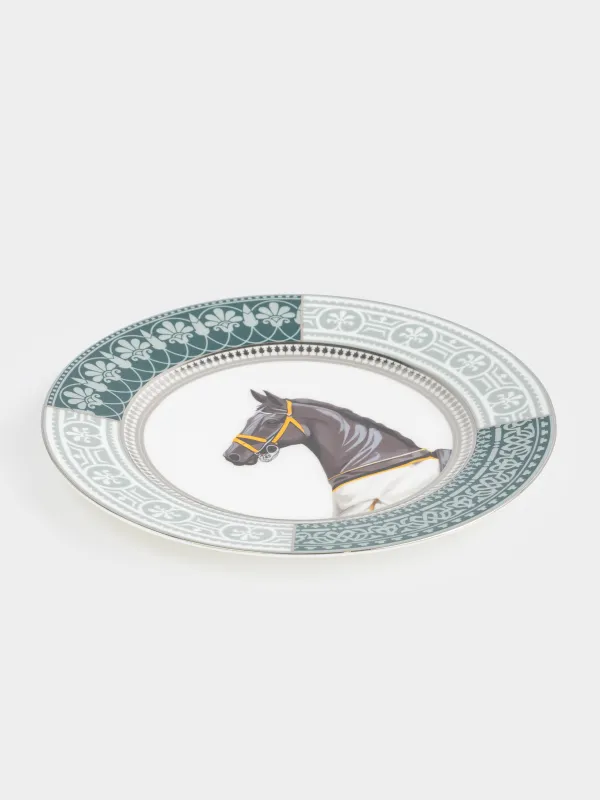Тарелка закусочная, 21 см, фарфор F, бело-зеленая, с серебристым кантом, Конь, Breton horse, image-1