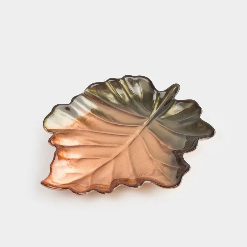 Блюдо, 22х19х4 см, стекло, янтарно-зеленое, Лист, Leaves