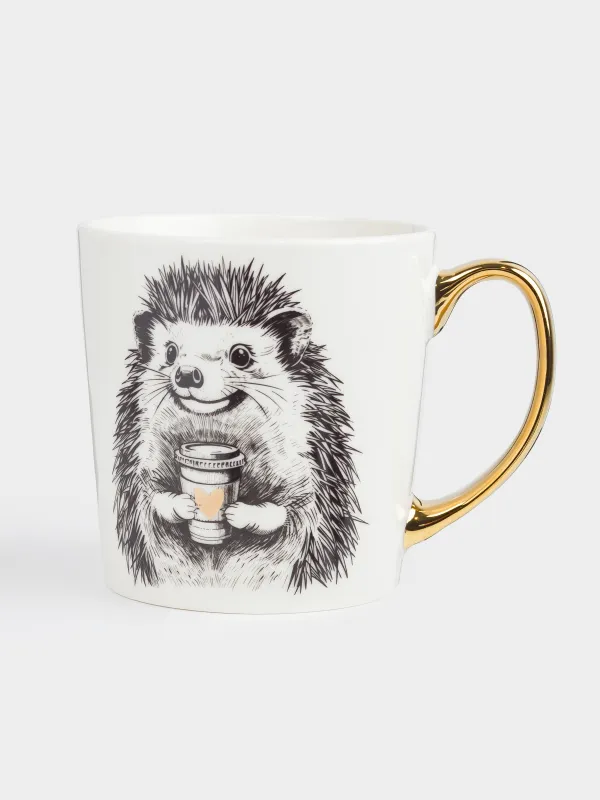 Кружка, 500 мл, фарфор N, бело-золотистая, Еж с кофе, Forest animals, image-0