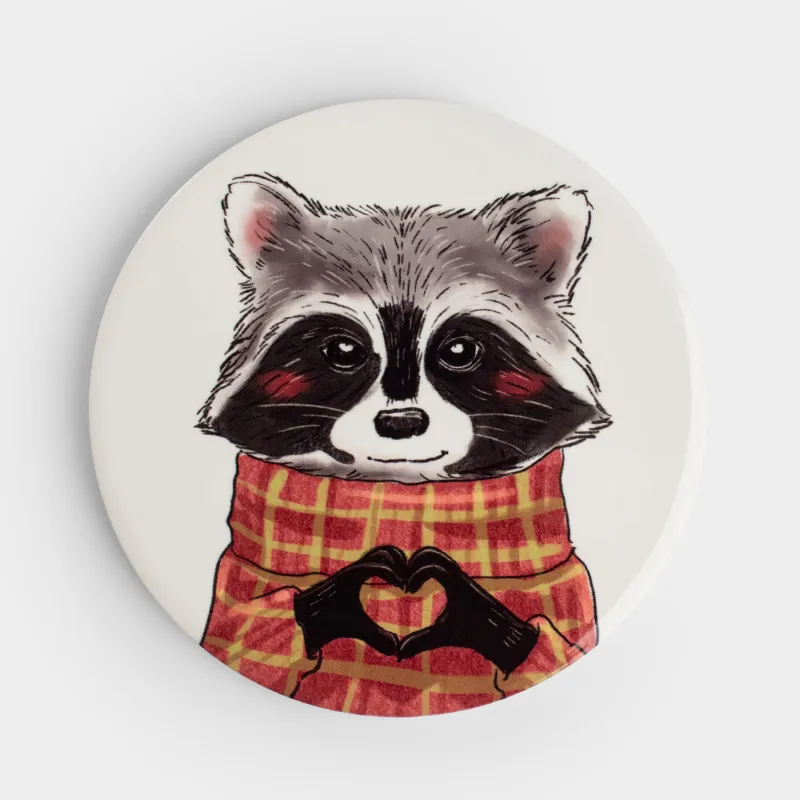 Подставка под кружку, 11 см, круглая, керамика/пробка, белая, Енот, Raccoon