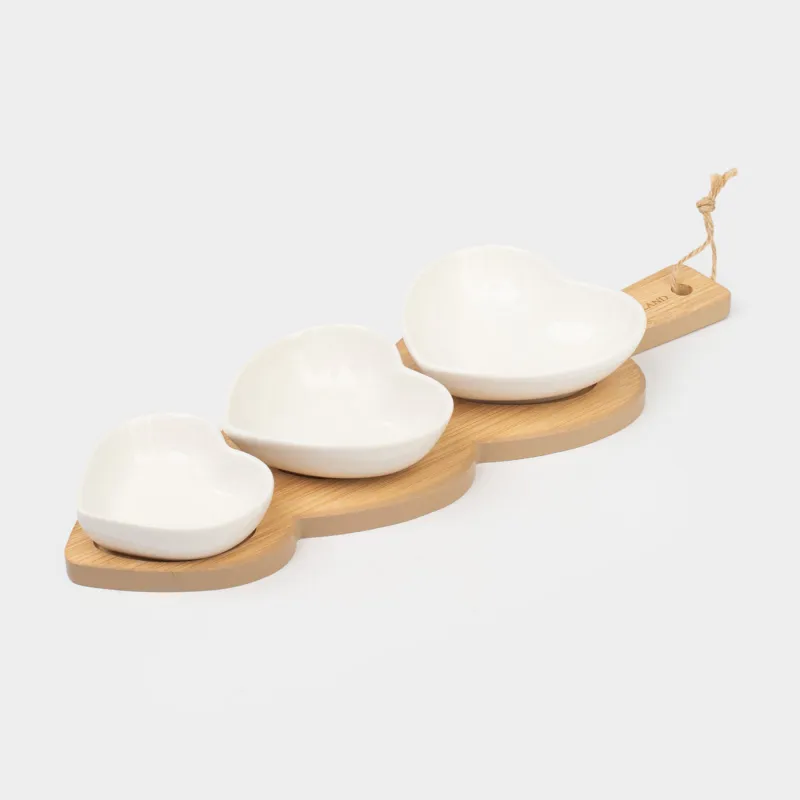 Набор для закусок, 3 пр, на подставке, фарфор/бамбук, Сердца, Heart