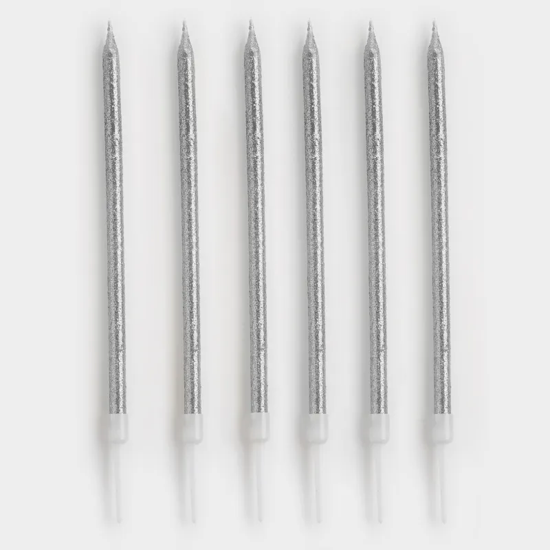 Свеча для торта, 15 см, 6 шт, тонкая, серебристая, Birthday party